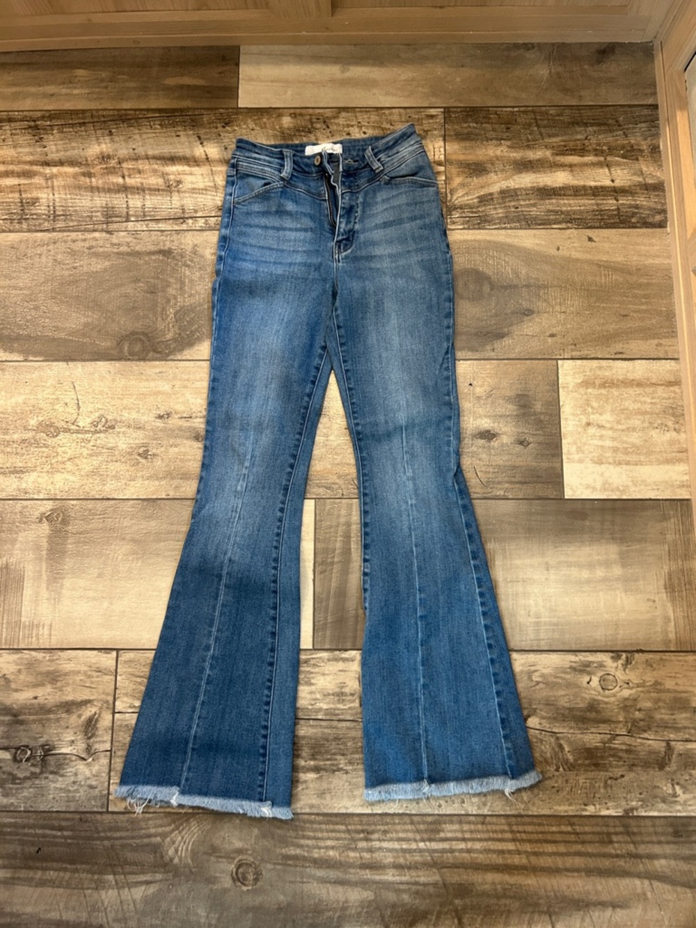 KanCan Mid Blue Flare Jeans with Raw Hem